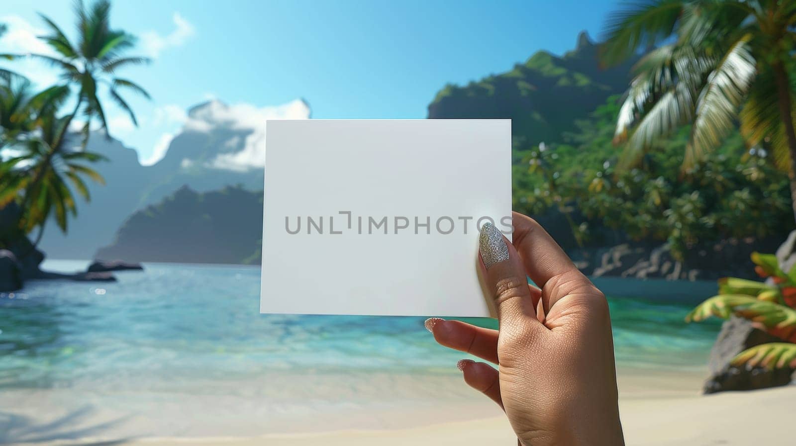 A person holding a blank piece of paper in front of the ocean