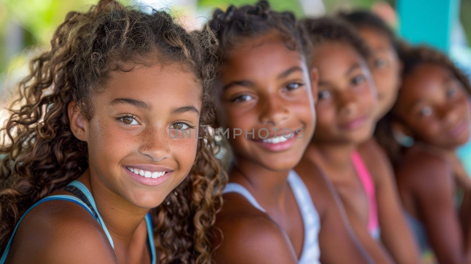 A group of young girls with curly hair smiling for the camera, AI by starush