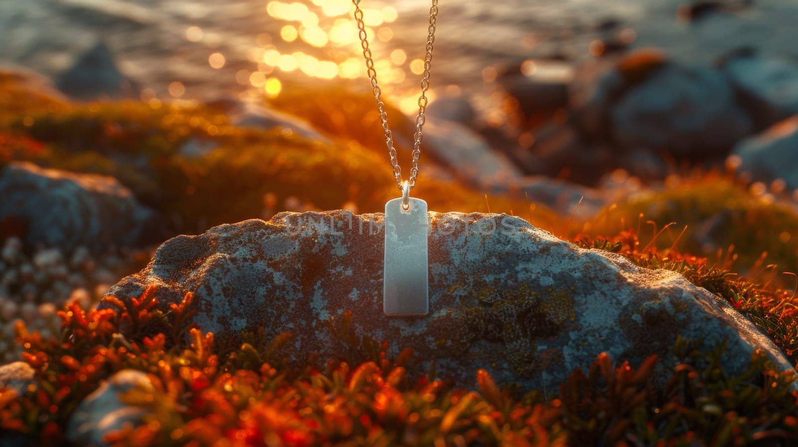 A necklace with a tag on it sitting in the grass