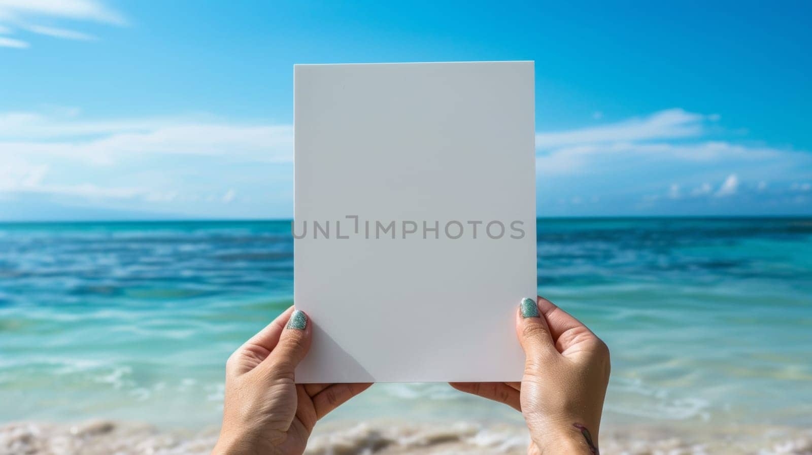 A person holding a blank white paper on the beach, AI by starush