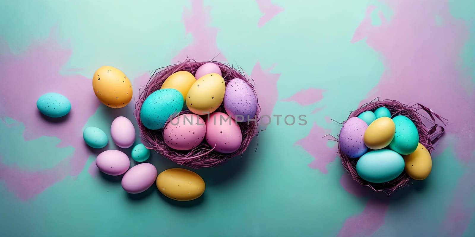 An intricate Easter card design featuring a variety of beautifully decorated eggs. Easter desing