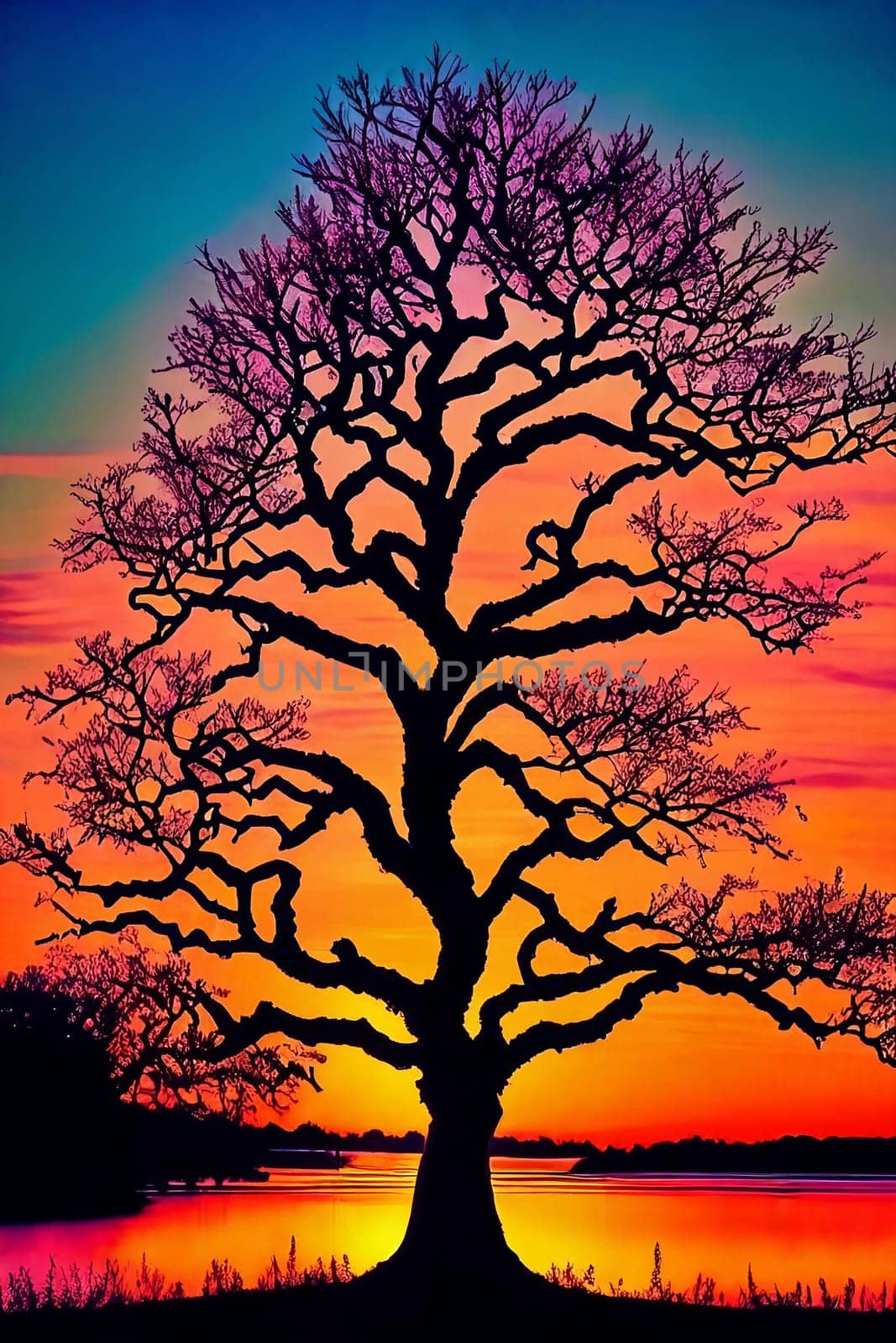 Silhouetted Silhouettes. Alone tree against the vibrant sunset sky, emphasizing its intricate branches and leaves in shadowy contrast against the colorful backdrop.