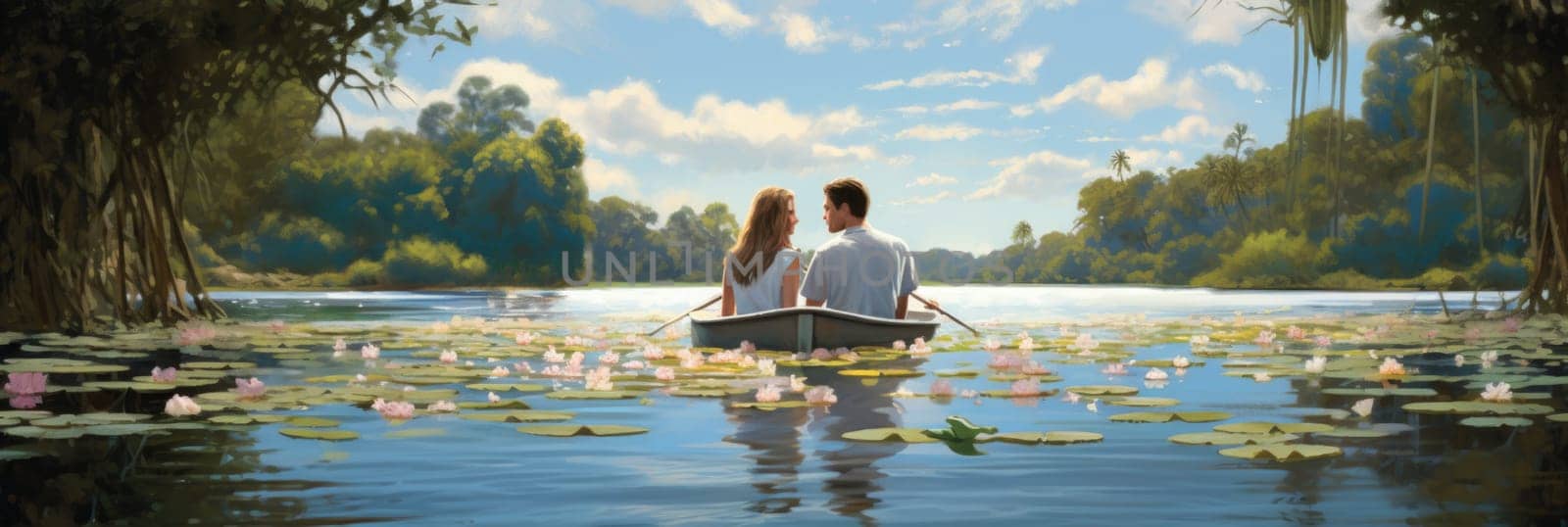 A painting depicting a man and a woman in a boat, showcasing their affectionate bond as they navigate the serene waters of a lake.