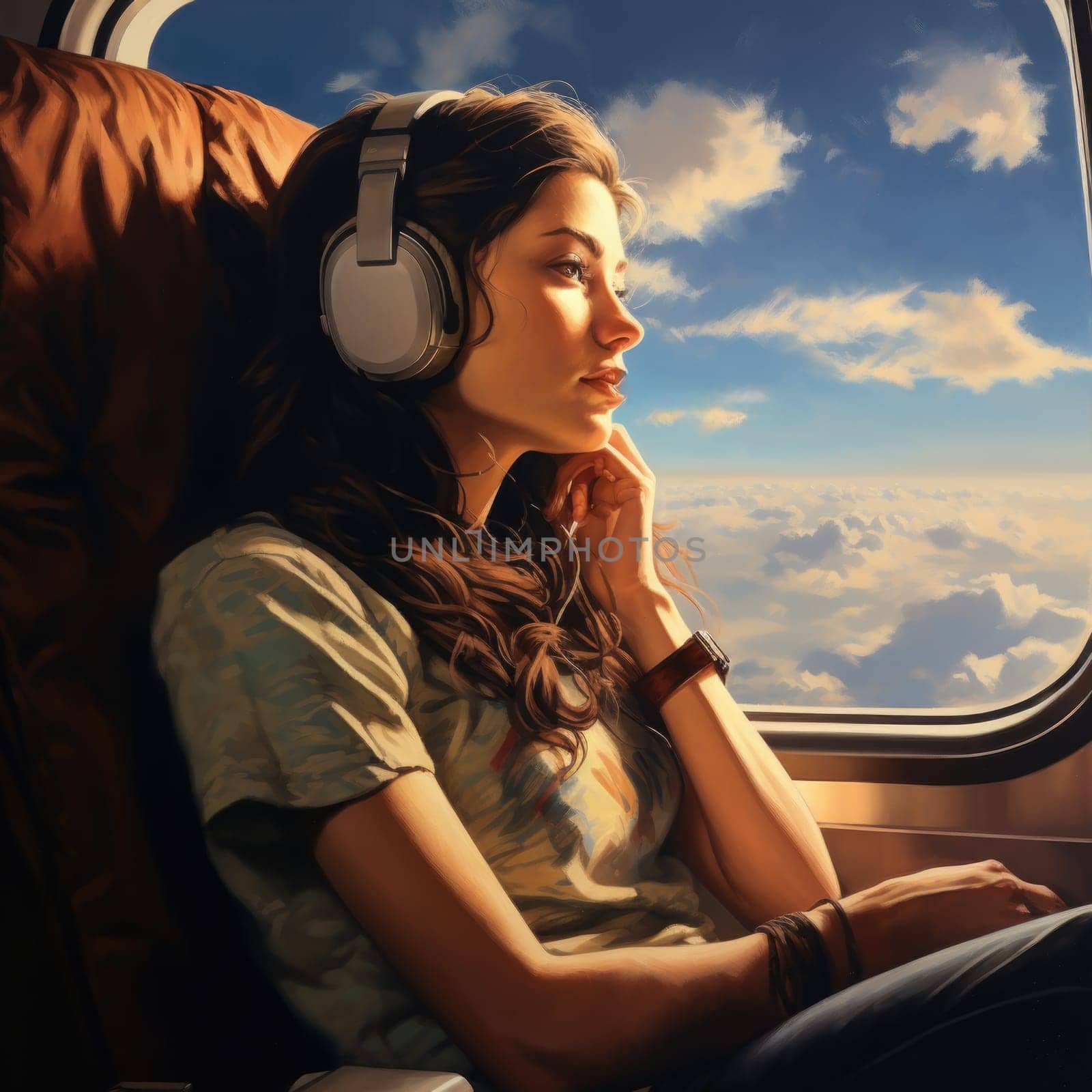 A woman wearing headphones sits on an airplane, engrossed in her music.