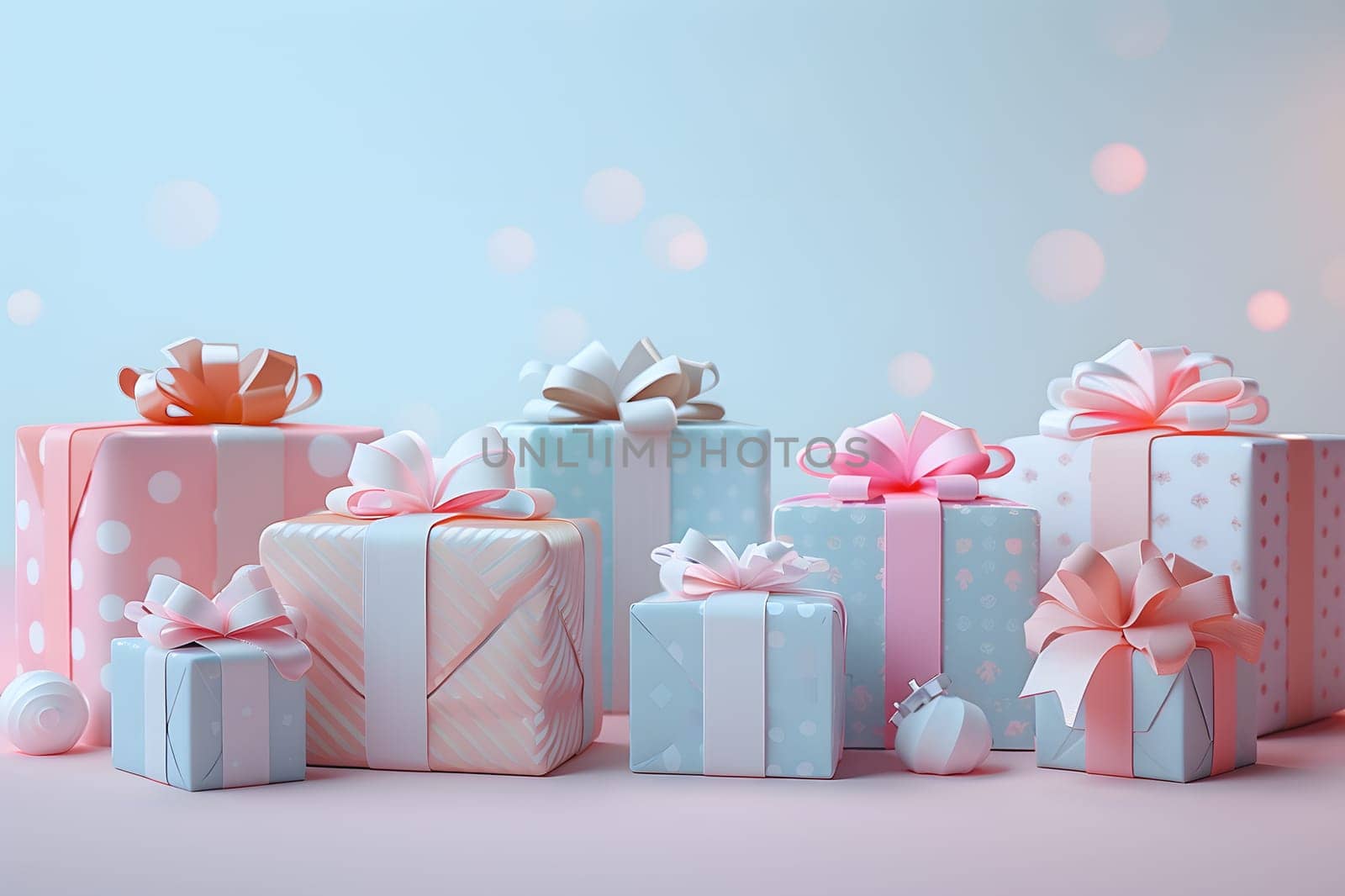 Row of pink and blue gift boxes with bows for event decoration by Nadtochiy