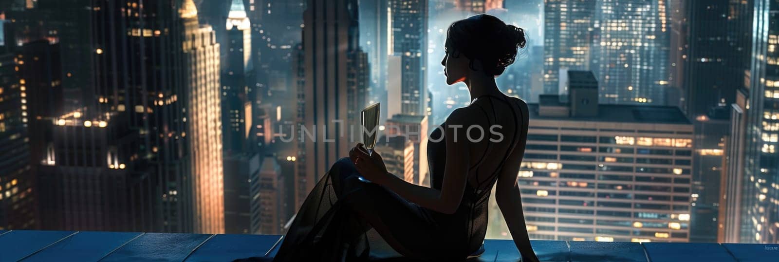 A woman leisurely sits on a ledge, enjoying the view of a vibrant city at night while holding a glass of wine.