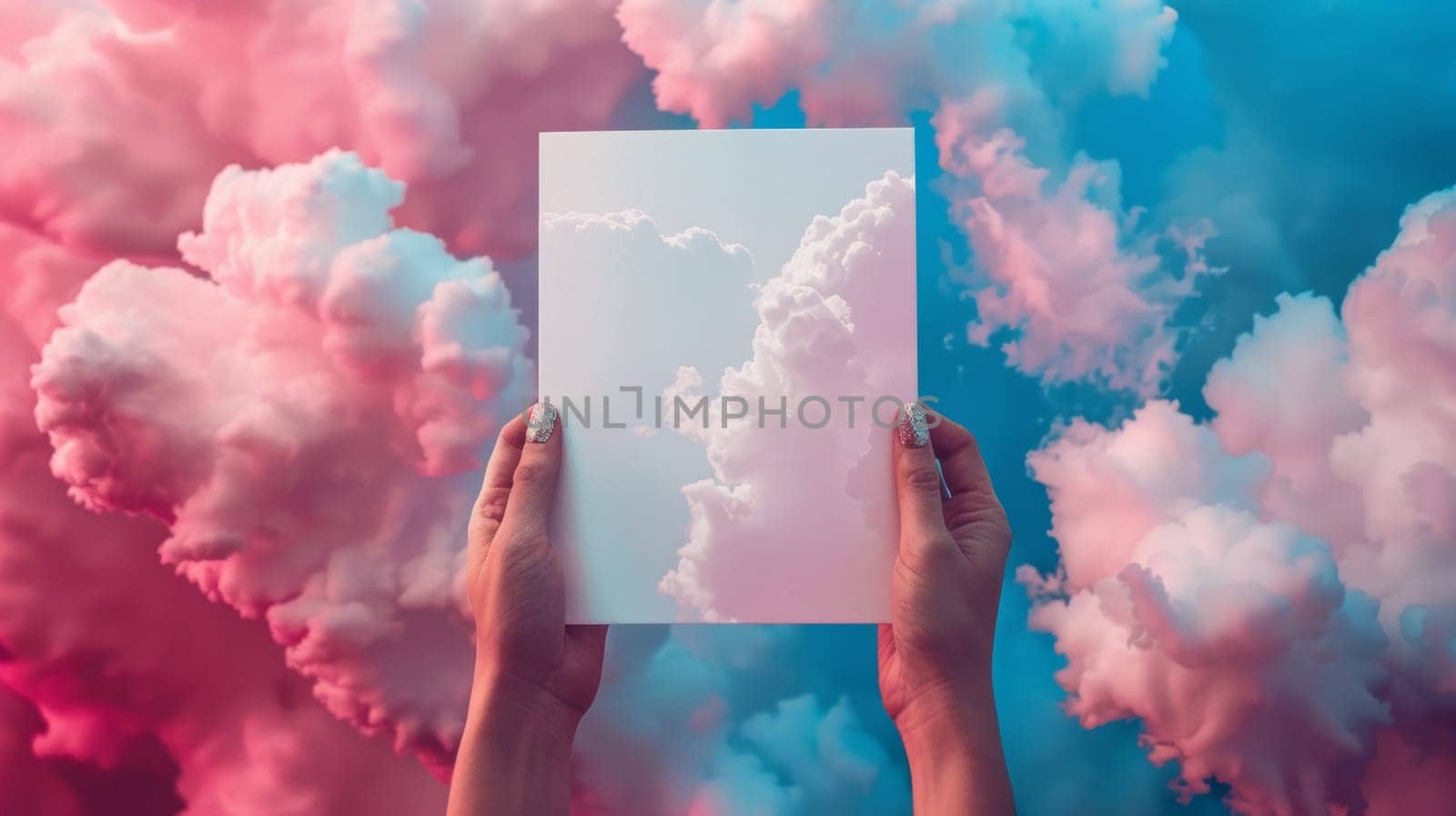 A person holding up a piece of paper with clouds in the background, AI by starush