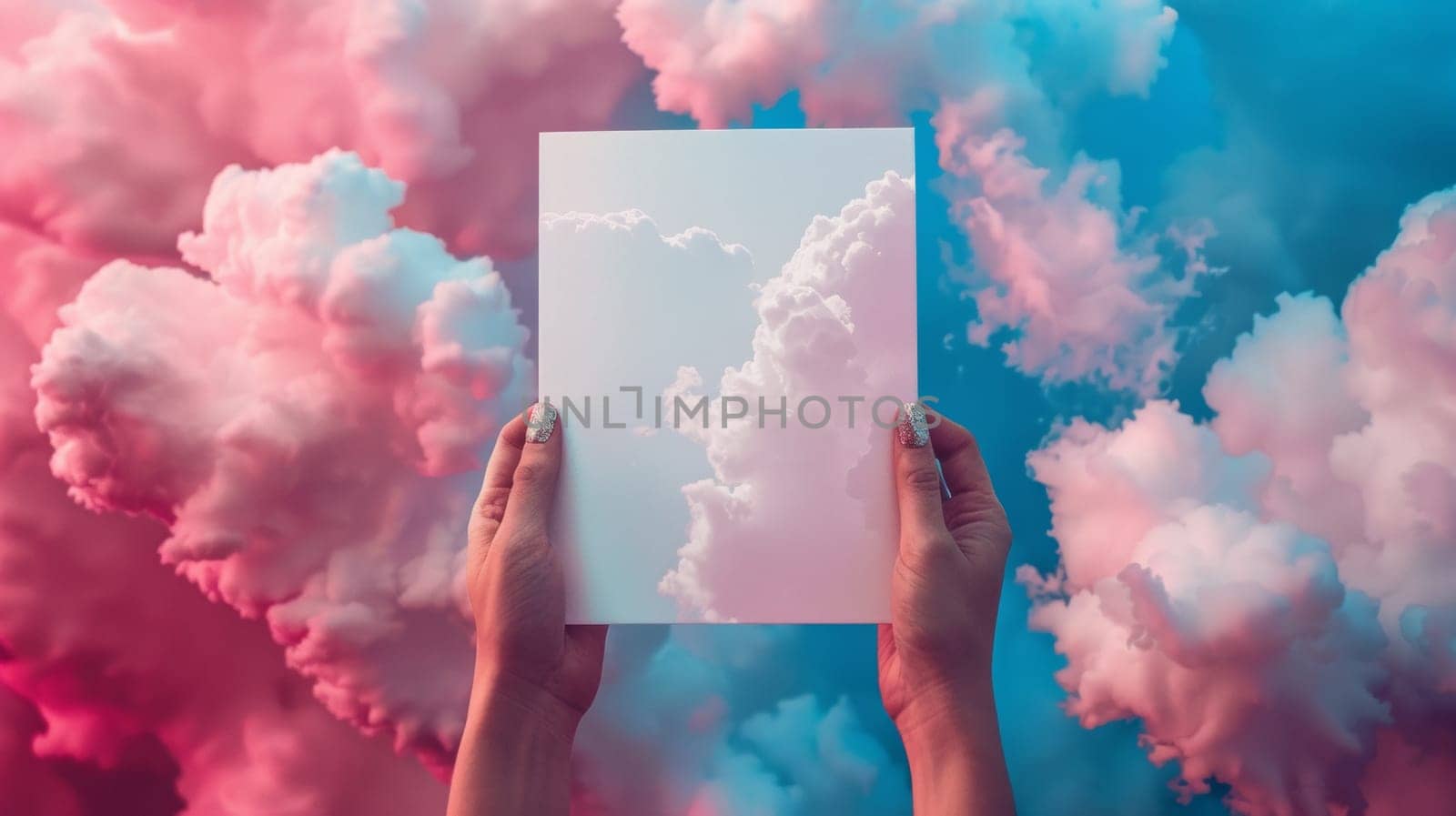 A person holding up a piece of paper with clouds in the background