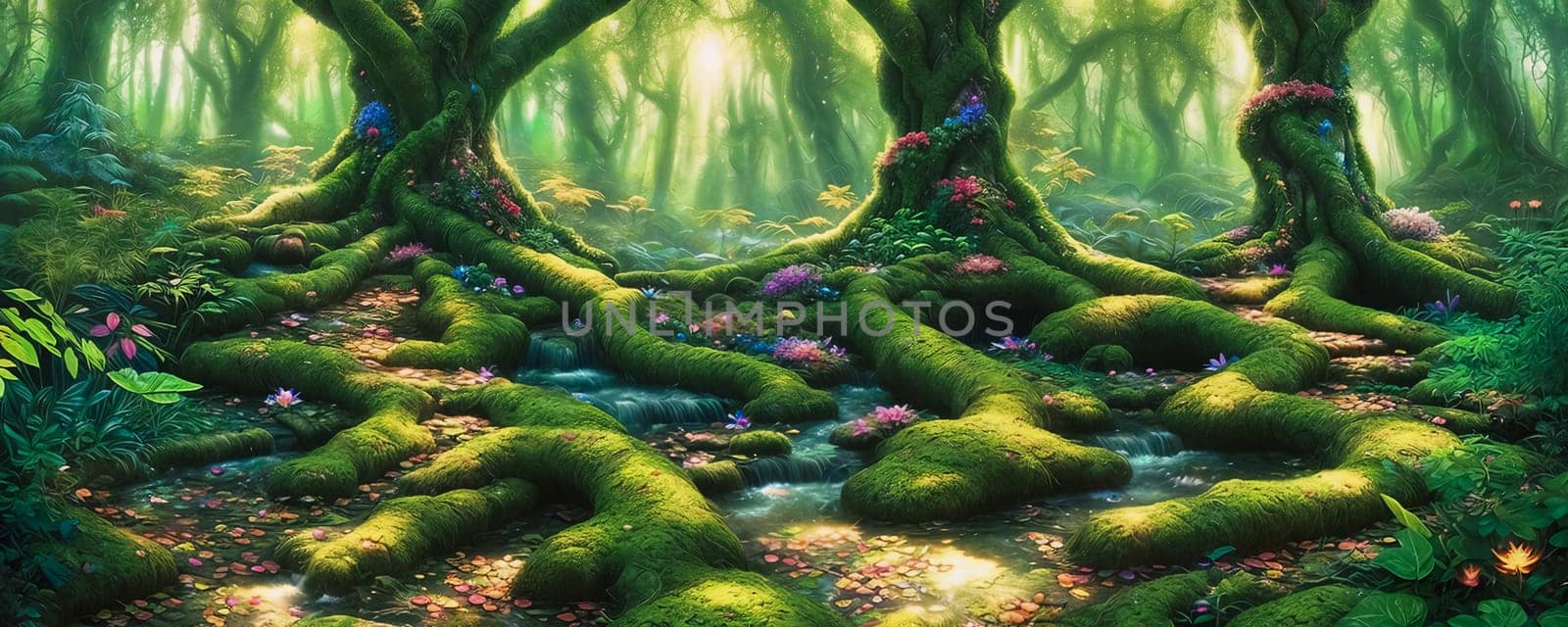Mystical beauty of an enchanted forest. Vibrant greenery, twisting vines, and shimmering shafts of sunlight filtering through the canopy. Generative AI