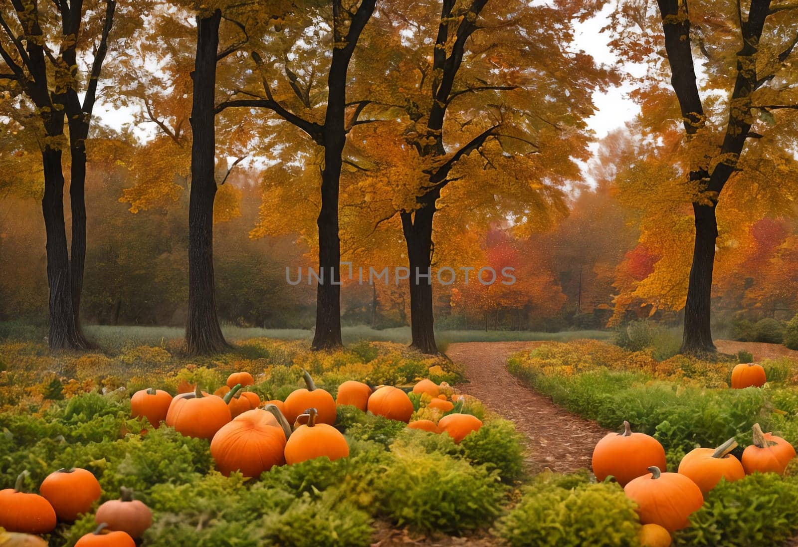 In the enchanting forest, November's Halloween pumpkin harvest unfolds. Bright orange orbs adorn the ground, a stunning sight amidst the autumn foliage. Generative AI.