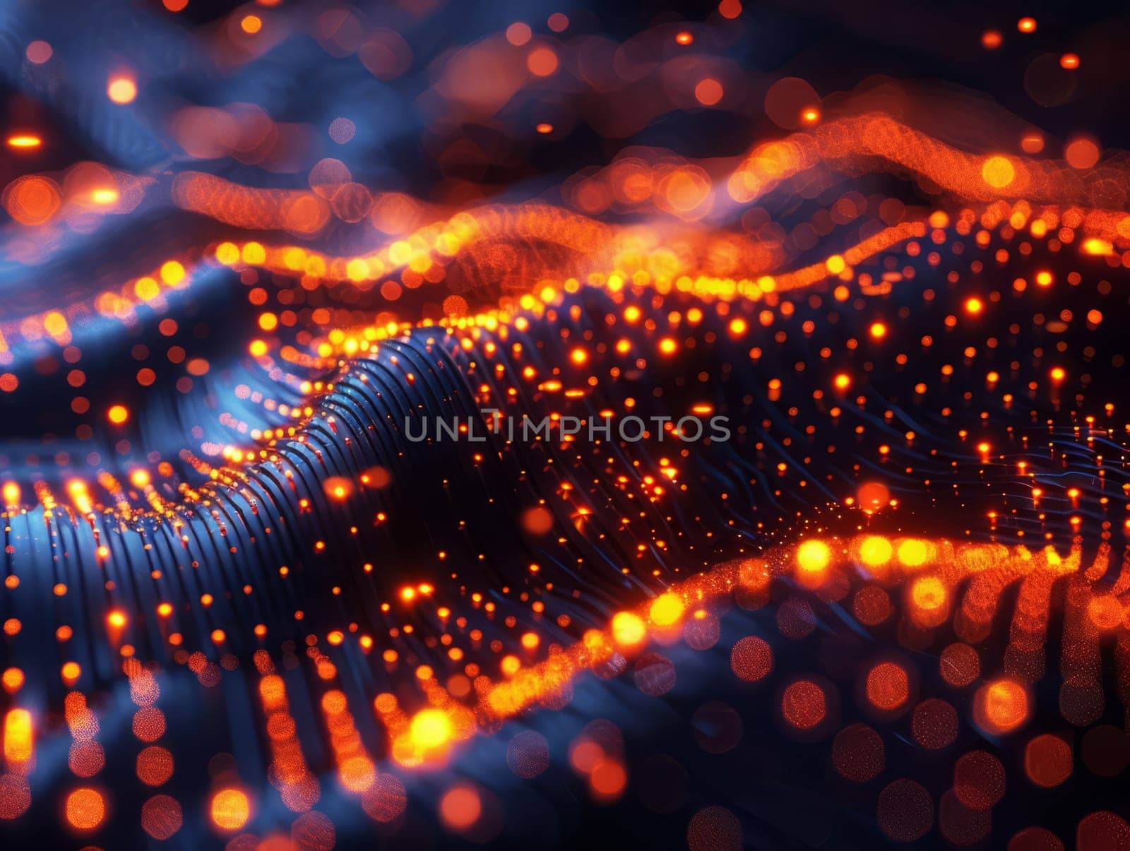 Abstract dynamic wave of particles and fluid formation on dark background. Digital technology background. Big data.Cyber Space Background. Particles with DOF Effect. by iliris