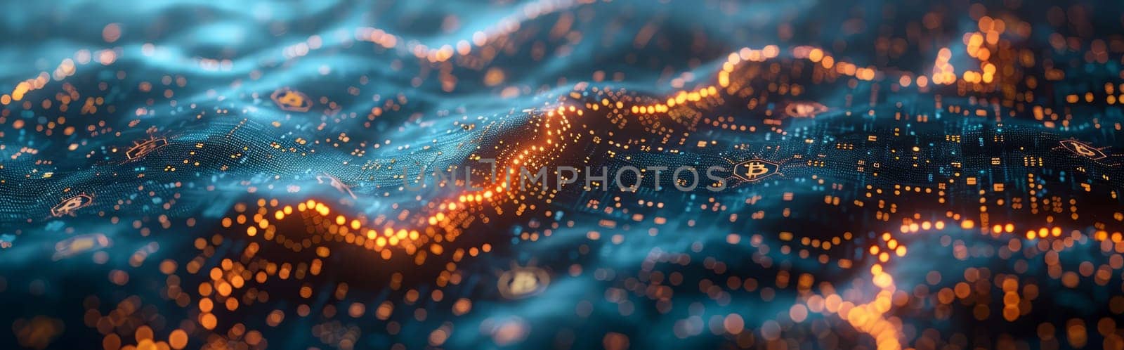 Abstract dynamic wave of particles and fluid formation on dark background. Digital technology background. Big data.Cyber Space Background. Particles with DOF Effect. by iliris