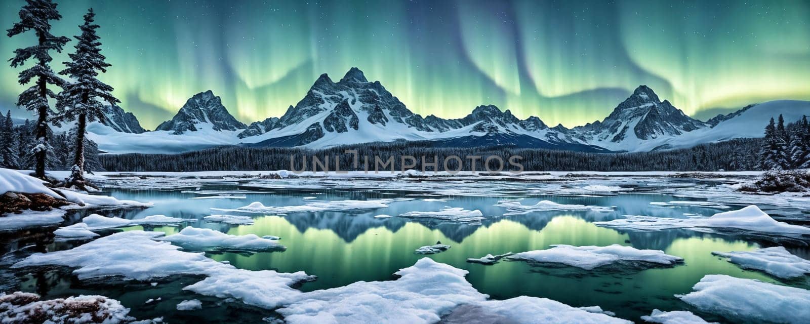 Frozen tundra planet, frigid, icy world. Panorama. Generative AI by GoodOlga