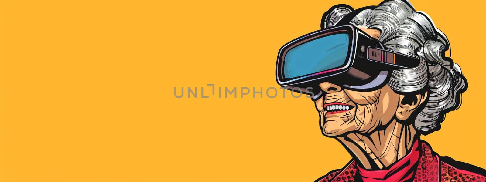 Pop art cartoon smilling aged mother with a VR set on head, modern grandmother