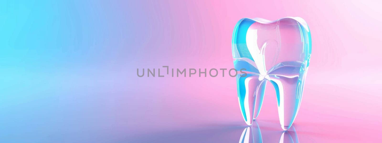 Model of tooth isolated on blue and pink background with a copy space, healthcare concept