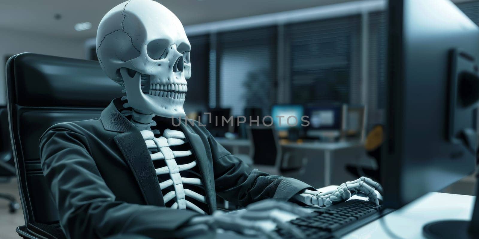 Skeleton in a suit working on PC in the office, result of hard-working