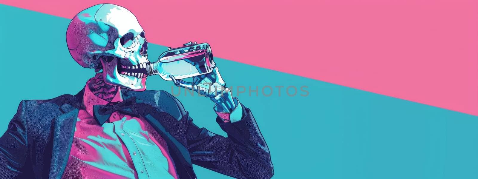 Skeleton in a suit drinking hard liquor from the flask on the bright blue and pink background