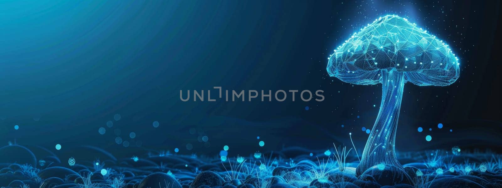 Modern mushroom with a polygonal wireframe around, concept on blue background, nature concept
