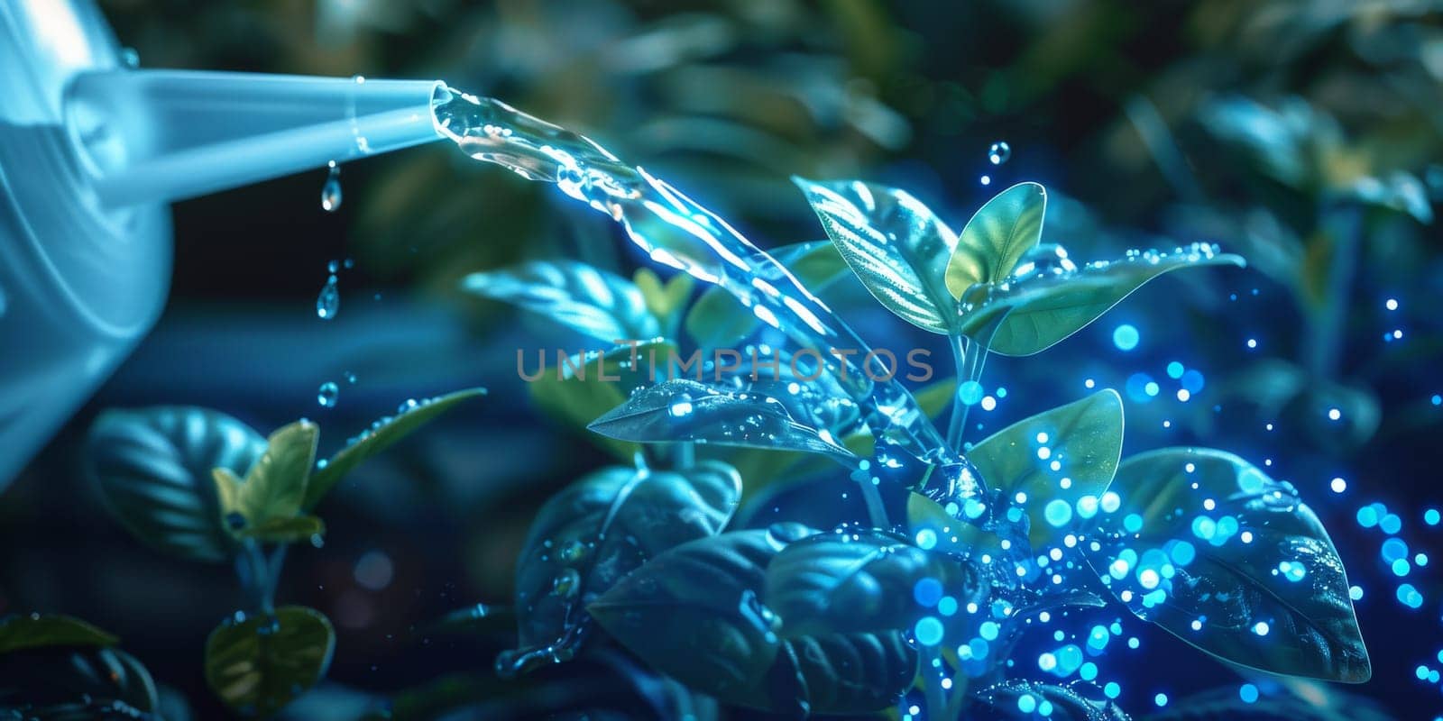 Futuristic watering the plants at a home with blue abstract effects around