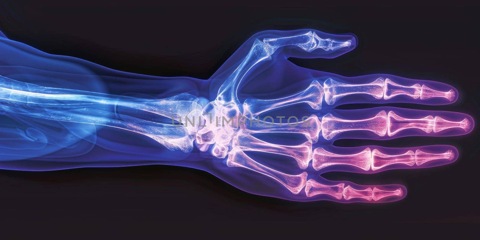 Xray of human hand with blue and pink fluorescent effects, lifestyle concept