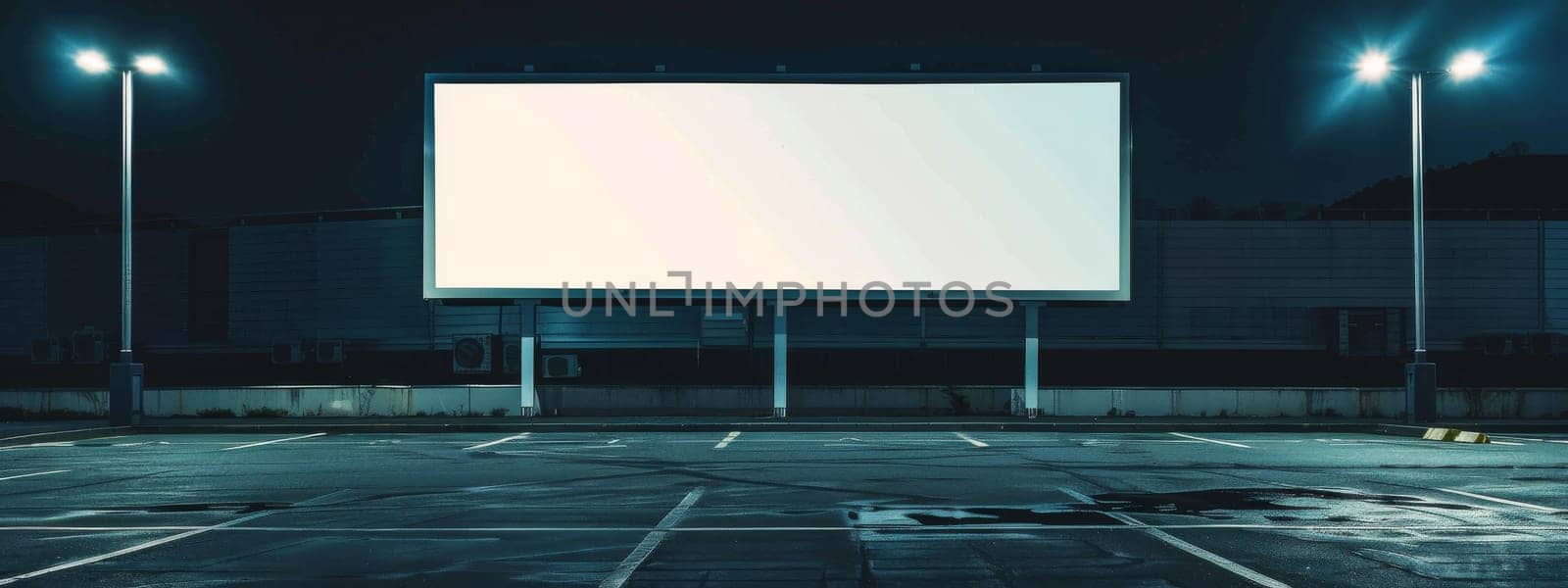 Blank white billboard on the empty parking lot during night, a place for marketing