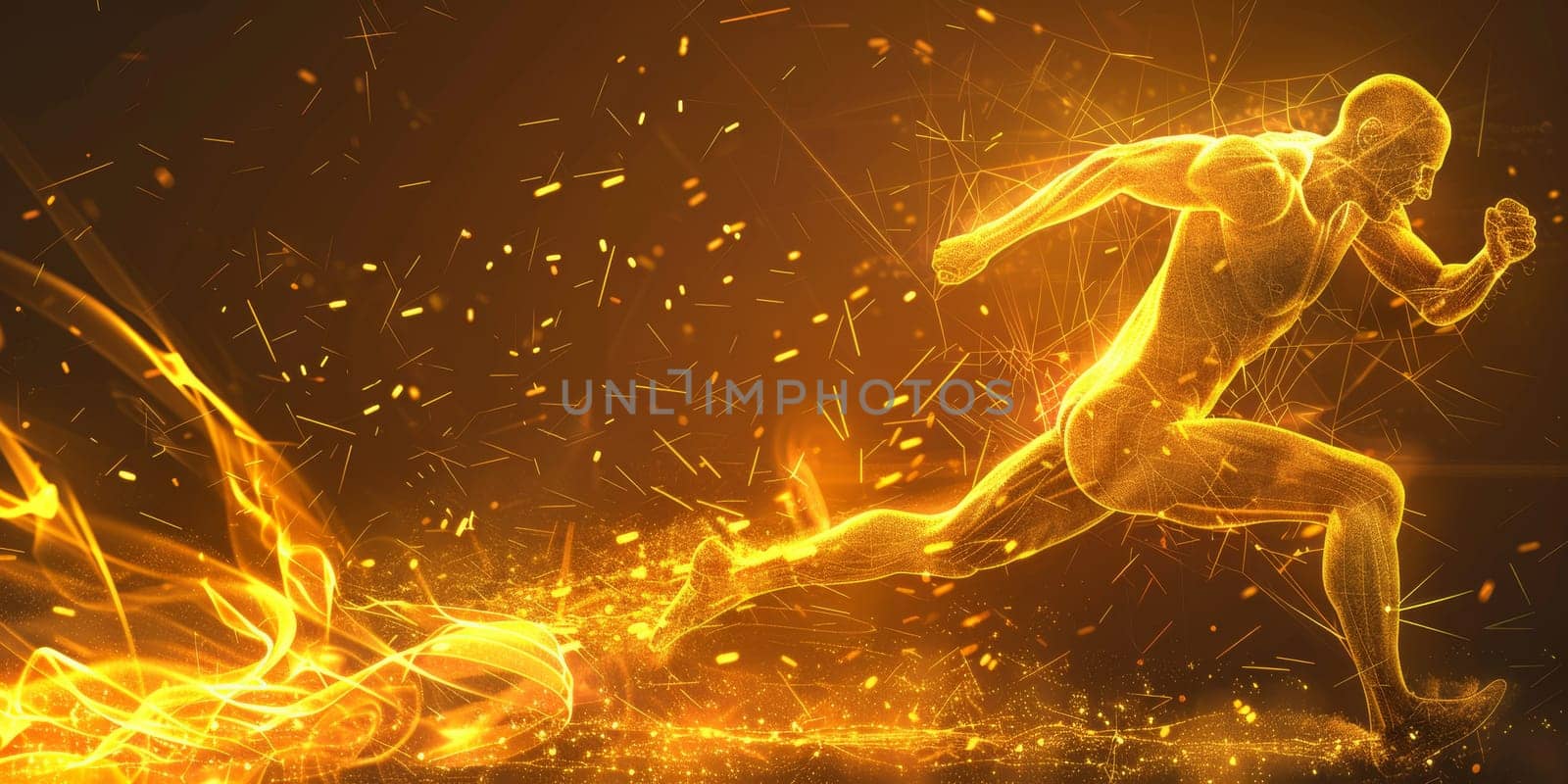 Human running man athlete with a digital wireframe yellow and orange neon light background, sport concept