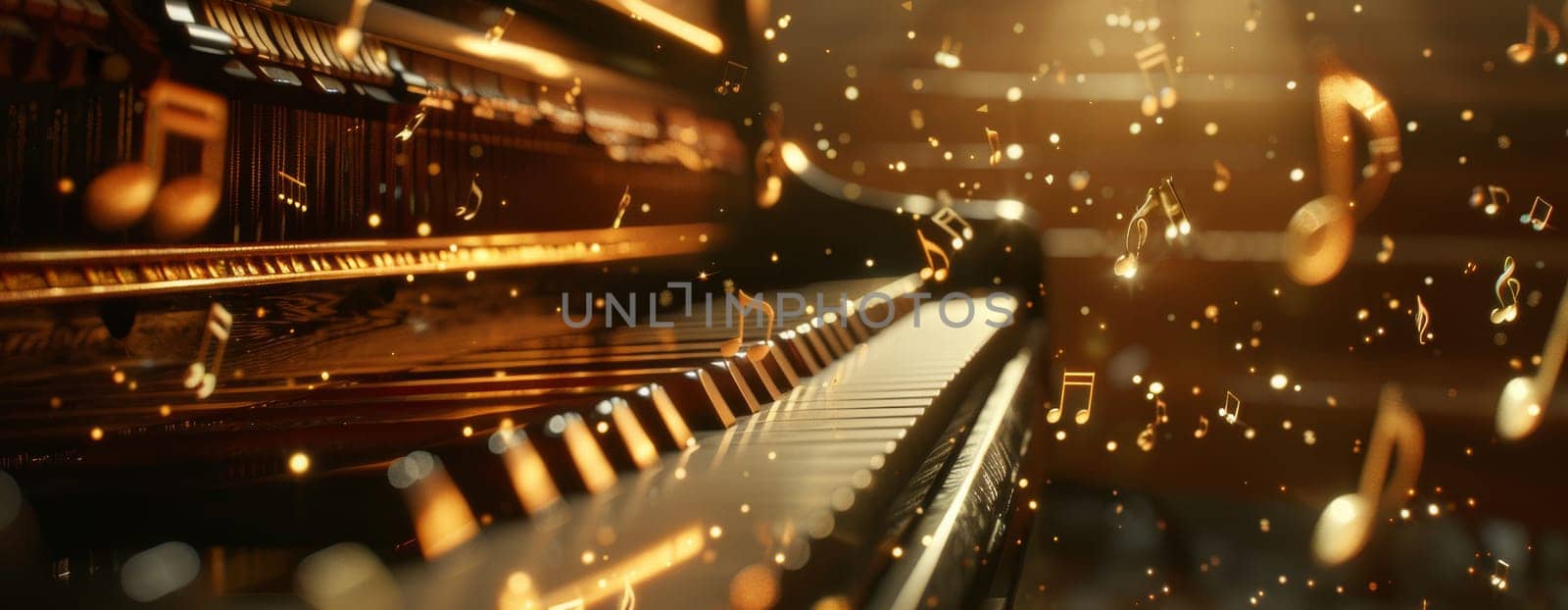 Detail to a piano and music notes going out from the piano during sunset, music instrumental concept by Kadula