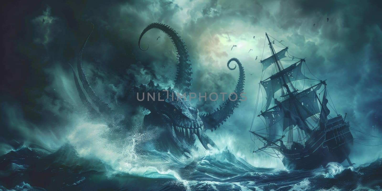 Mystic photo kraken attacking to a ship during storm on the sea, mythical concept by Kadula