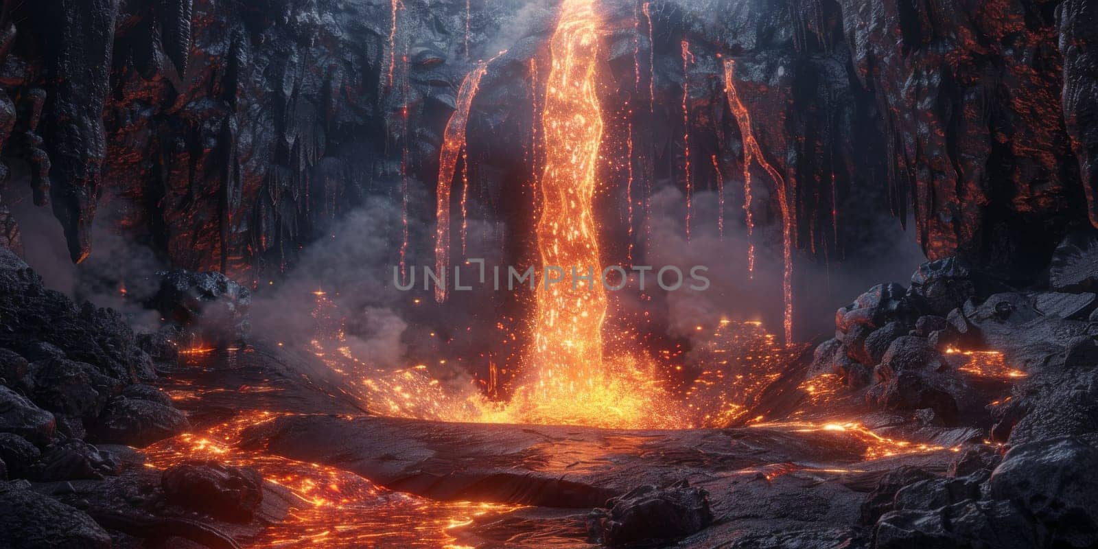 Lava waterfall with a flowing lava from the active volcano during eruption, nature concept