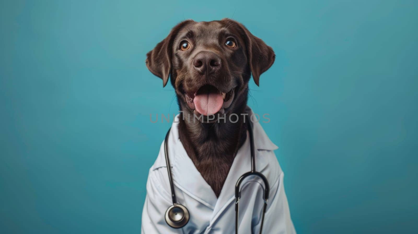 photo of smiling cute dog wearing a lab coat with stethoscope sitting on the blue color background.