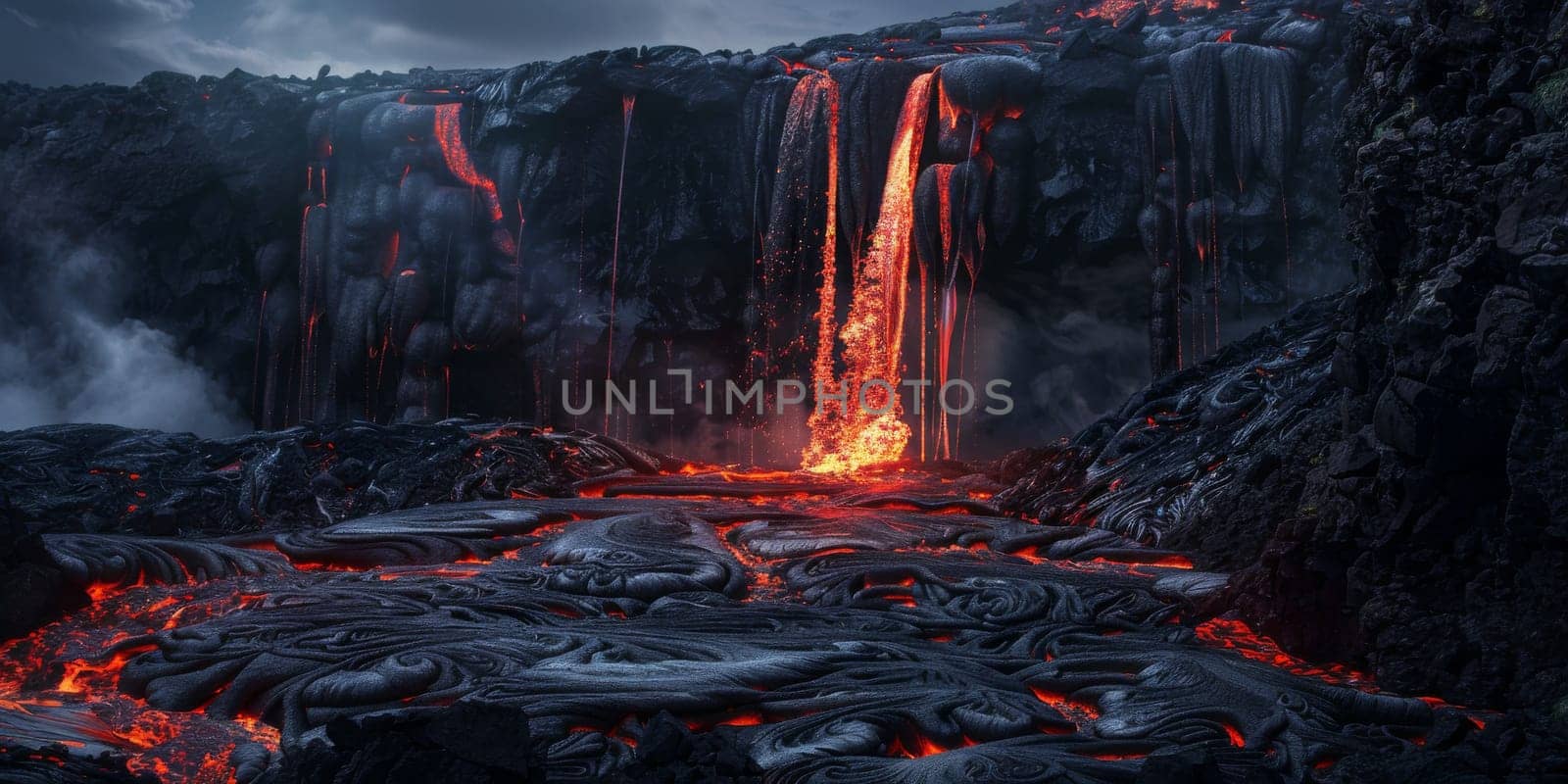Lava waterfall during an eruption of volcano, nature concept