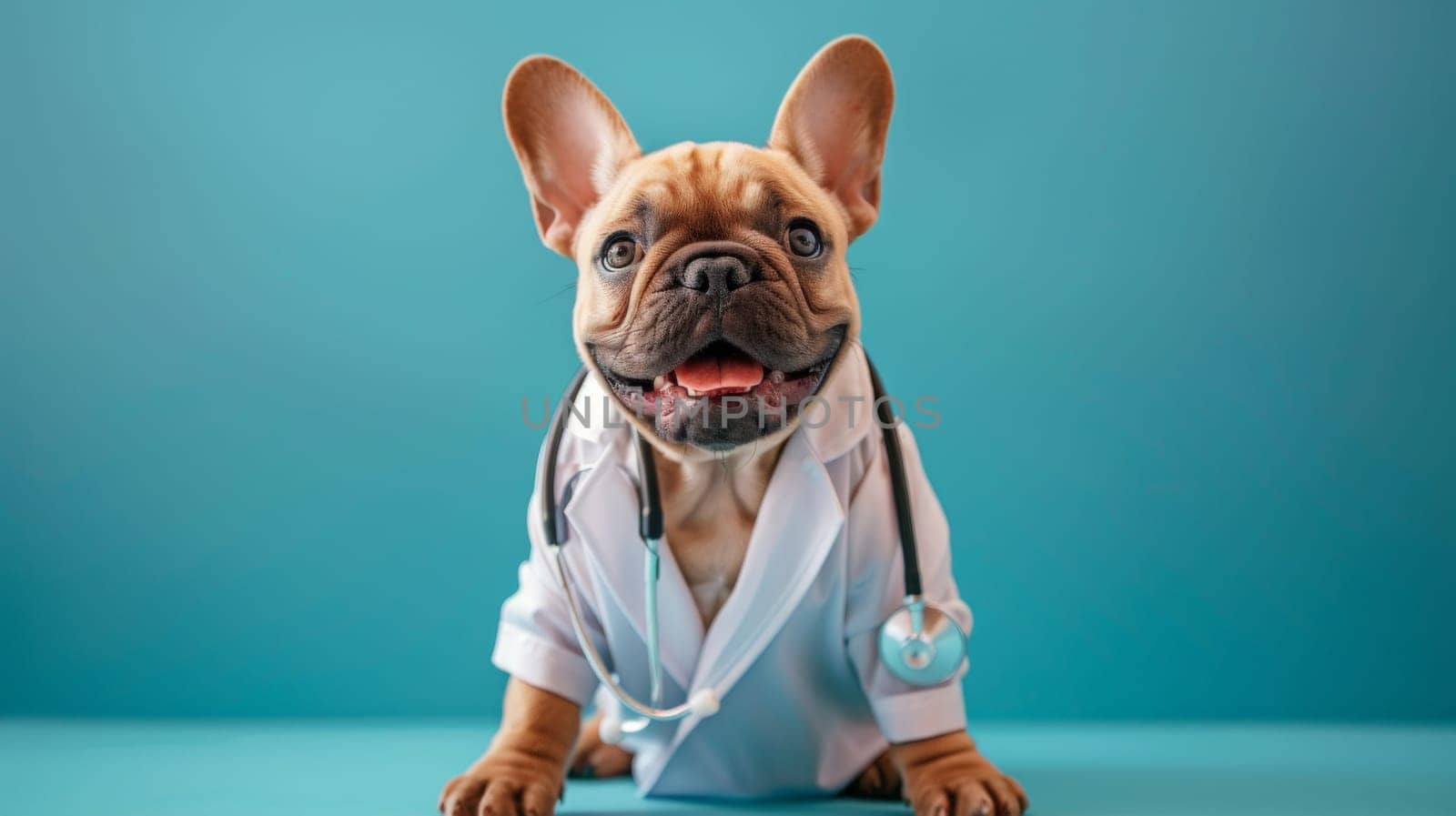 photo of smiling cute dog wearing a lab coat with stethoscope sitting on the blue color background by nijieimu