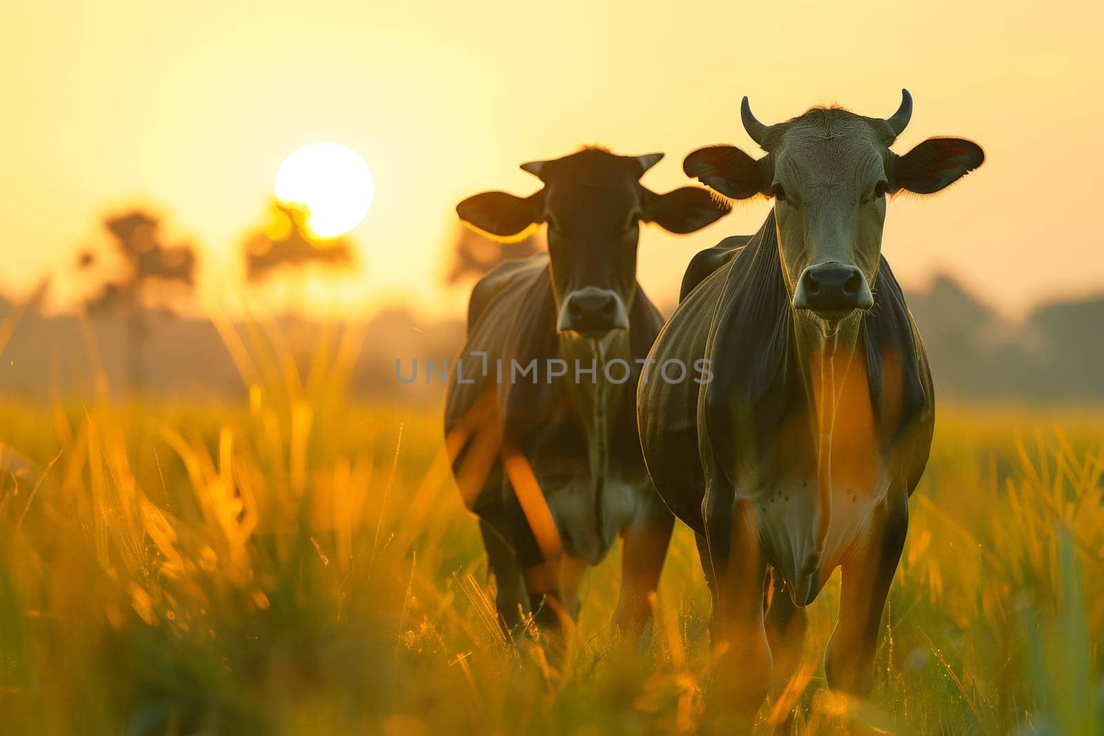 Cow farm, An image of cows in a meadow during the summer at sunset, Agriculture animal.