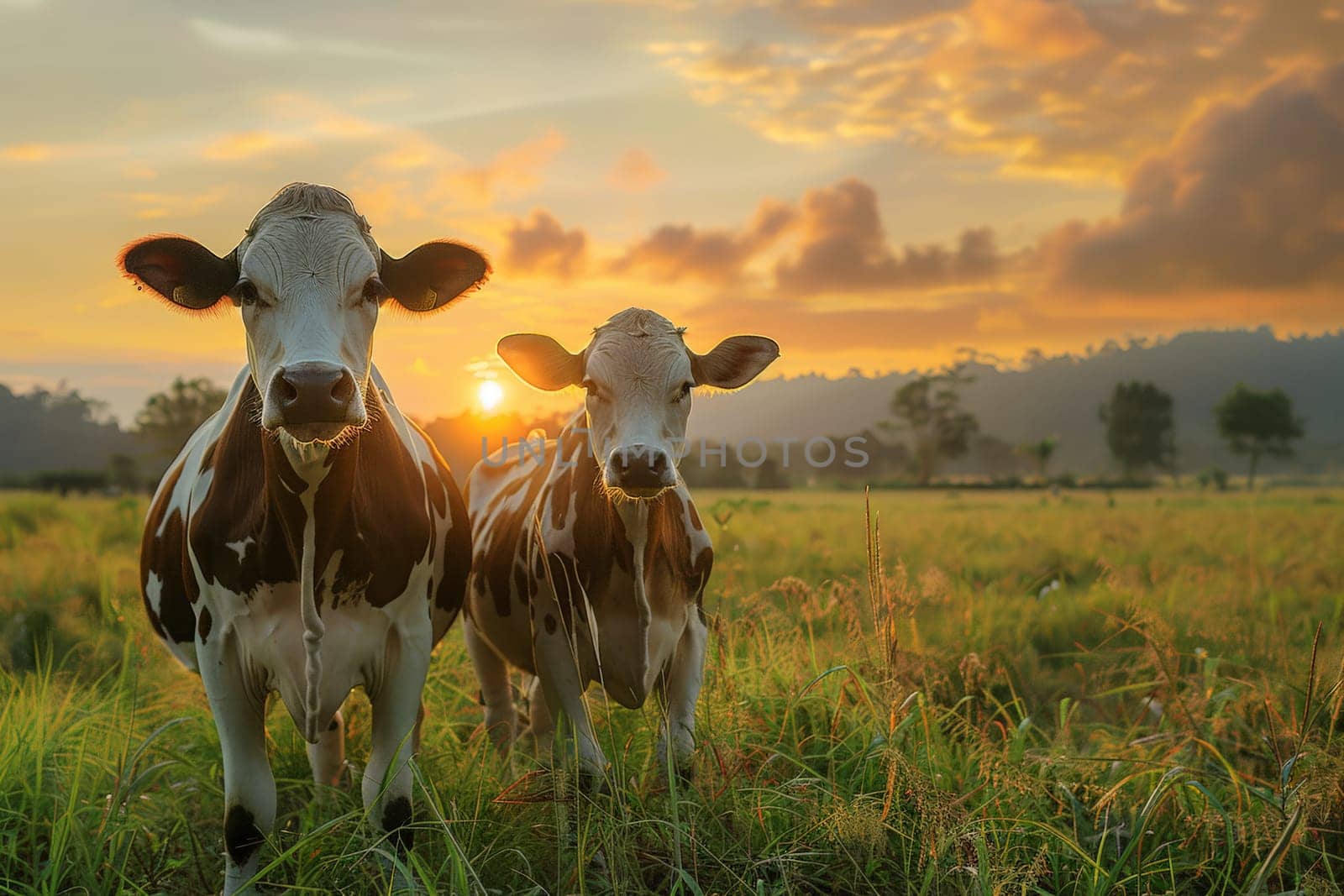 Cow farm, An image of cows in a meadow during the summer at sunset, Agriculture animal by nijieimu