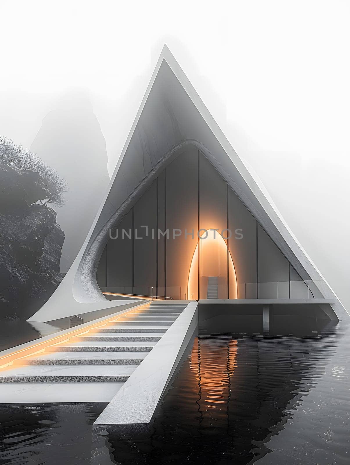A triangular building sits atop the water, blending into the landscape with its symmetrical facade and shaded roof, creating a serene and unique structure