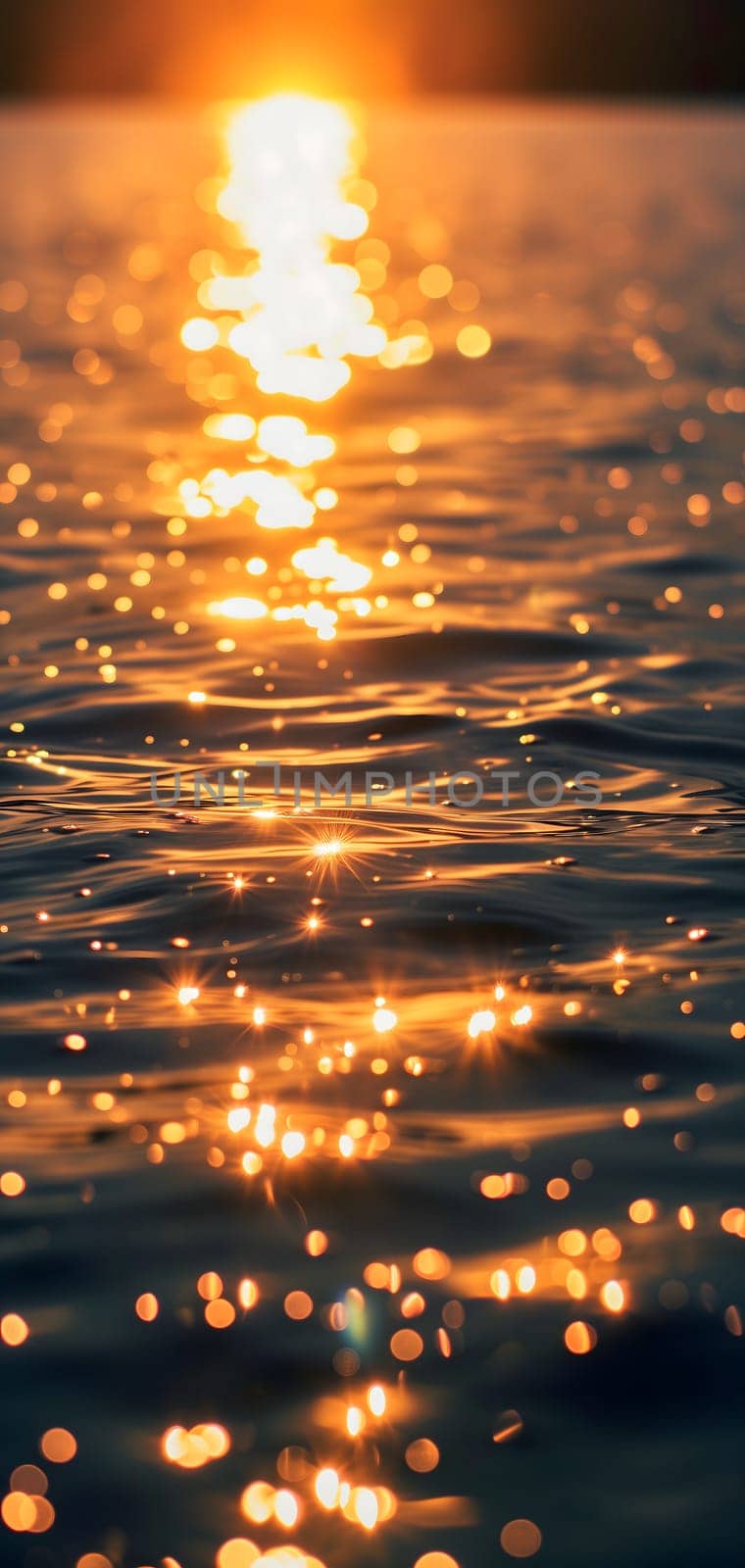 Sunset bokeh on water: golden sky over a body of water, with the light reflecting and creating a bokeh effect.. Neural network generated image. Not based on any actual scene or pattern.
