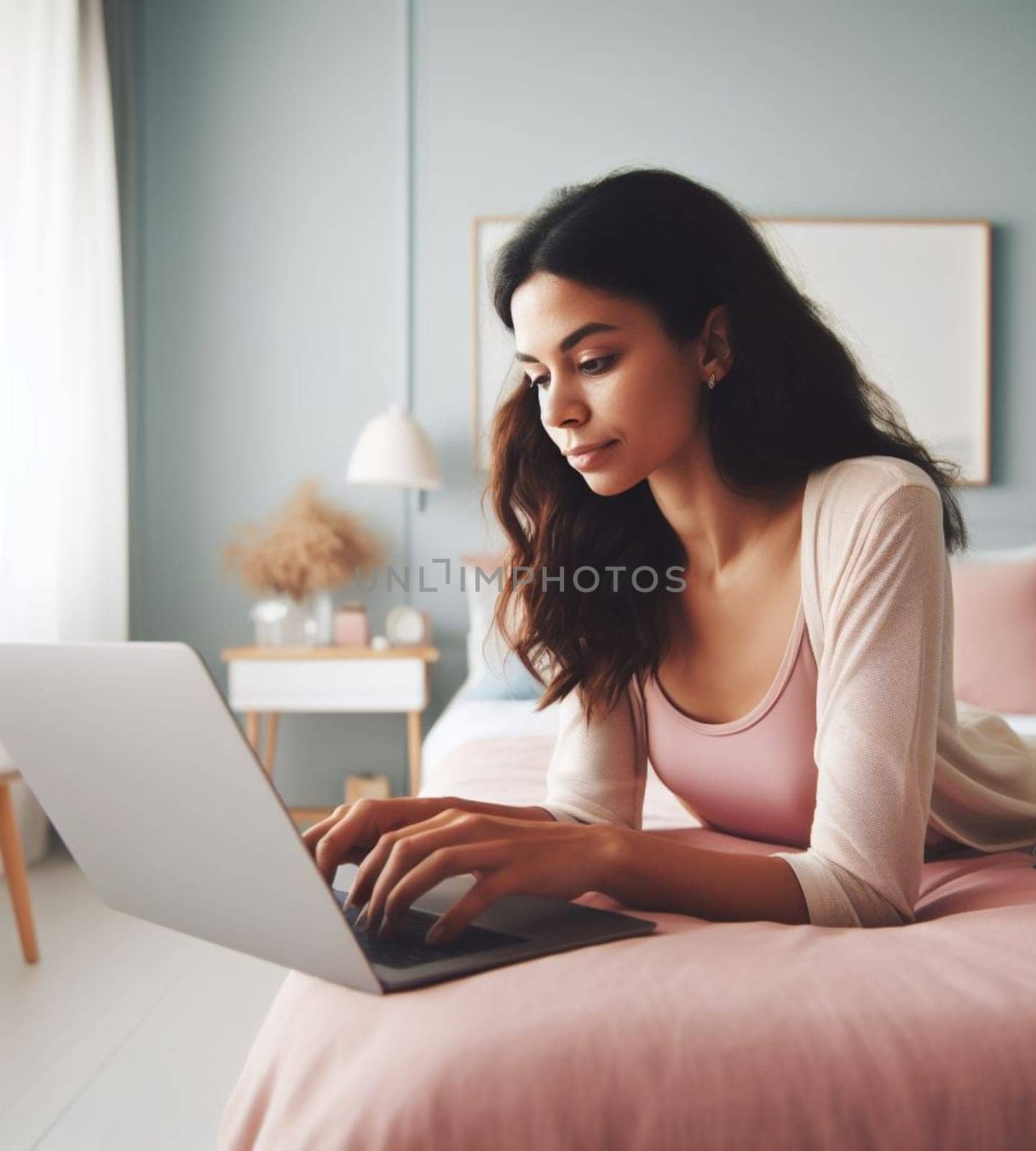 young boss manager trader woman remote work laptop luxury bedroom suite early morning panorama ai generative art