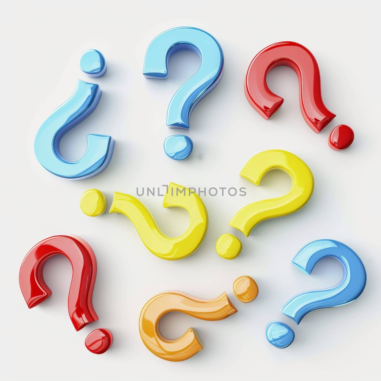 3d illustration with lots of colorful questions on a white background.