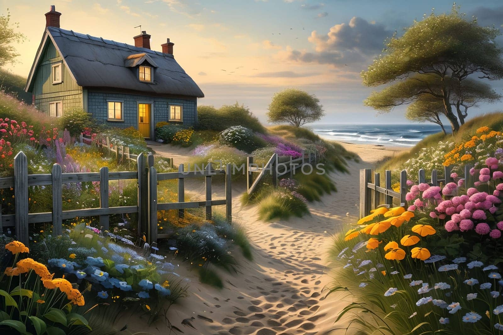 wooden house by the sea . AI generated image.
