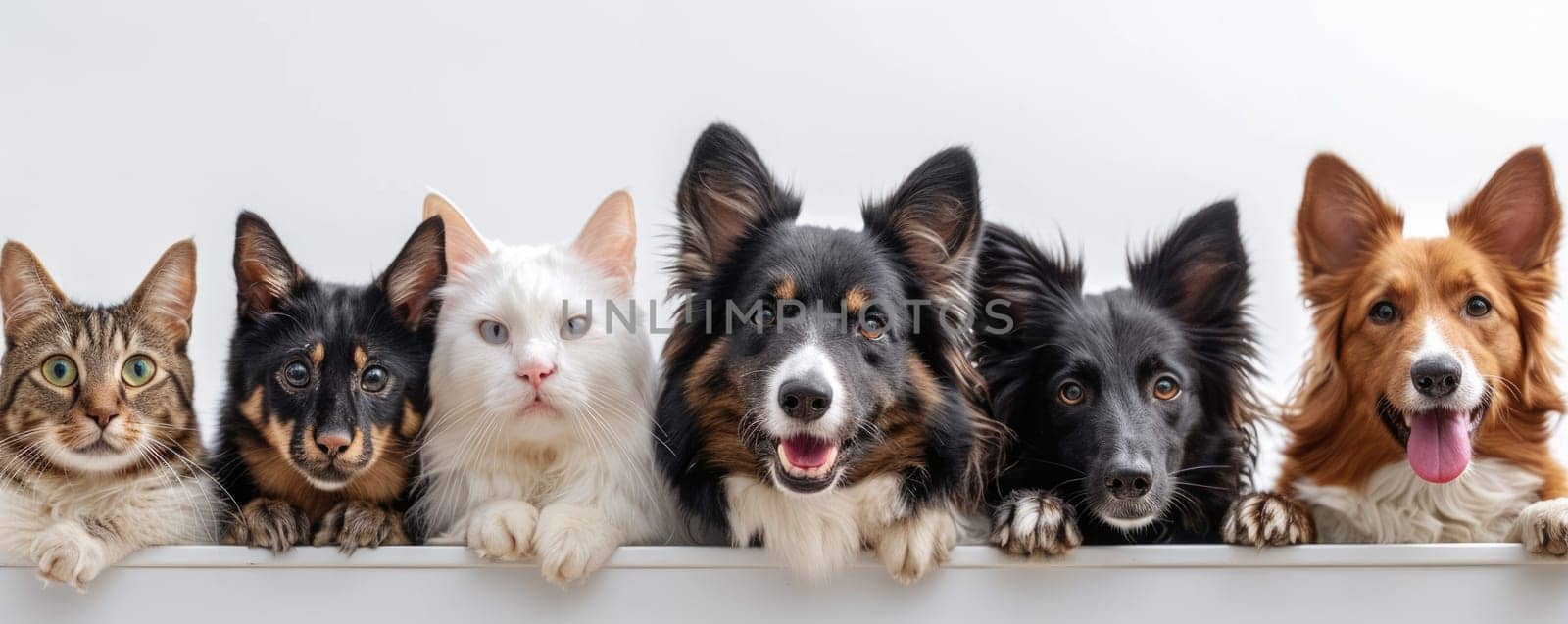 The picture of front view and close up of the multiple group of the various cat and dog in front of the bright white background that look back to the camera with the curious and interest face. AIGX03.