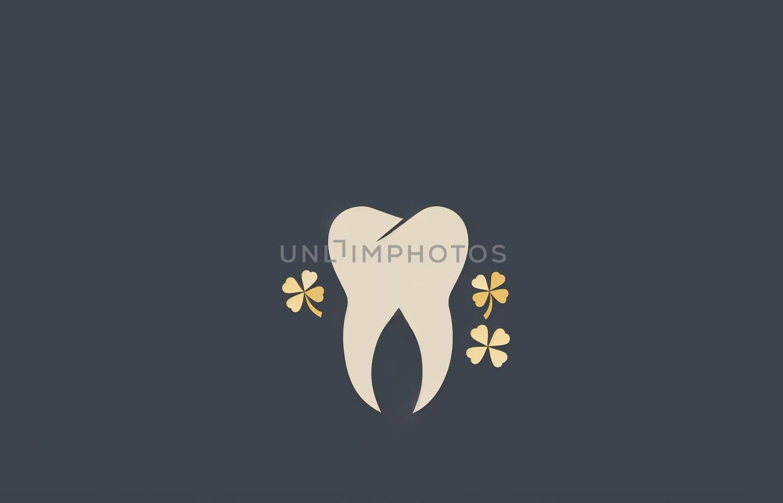 Dental Saint Patrick Celebration. White Healthy Tooth With Golden Shamrocks Plant Flower On Gray Background. Luck. Horizontal Design. Minimal Ai Generated by netatsi