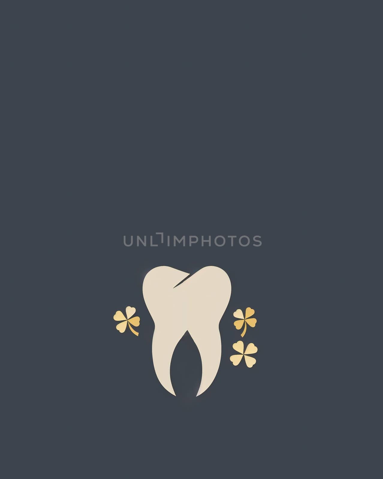 Dental St Patrick Celebration. White Healthy Tooth With Golden Shamrocks Plant Flower On Gray Background. Good Luck. Horizontal Design. Minimal Ai Generated Vertical Plane, Copy Space High quality