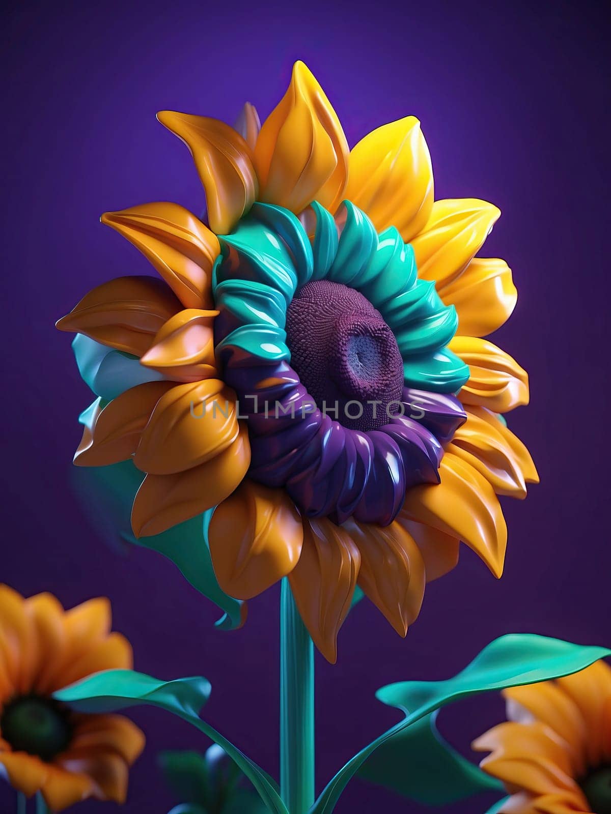 Sunflower dark purple and dark blue contour shading. AI generated