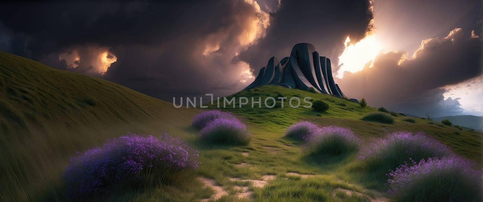 Sunrise over a meadow with wonderful flowers by applesstock