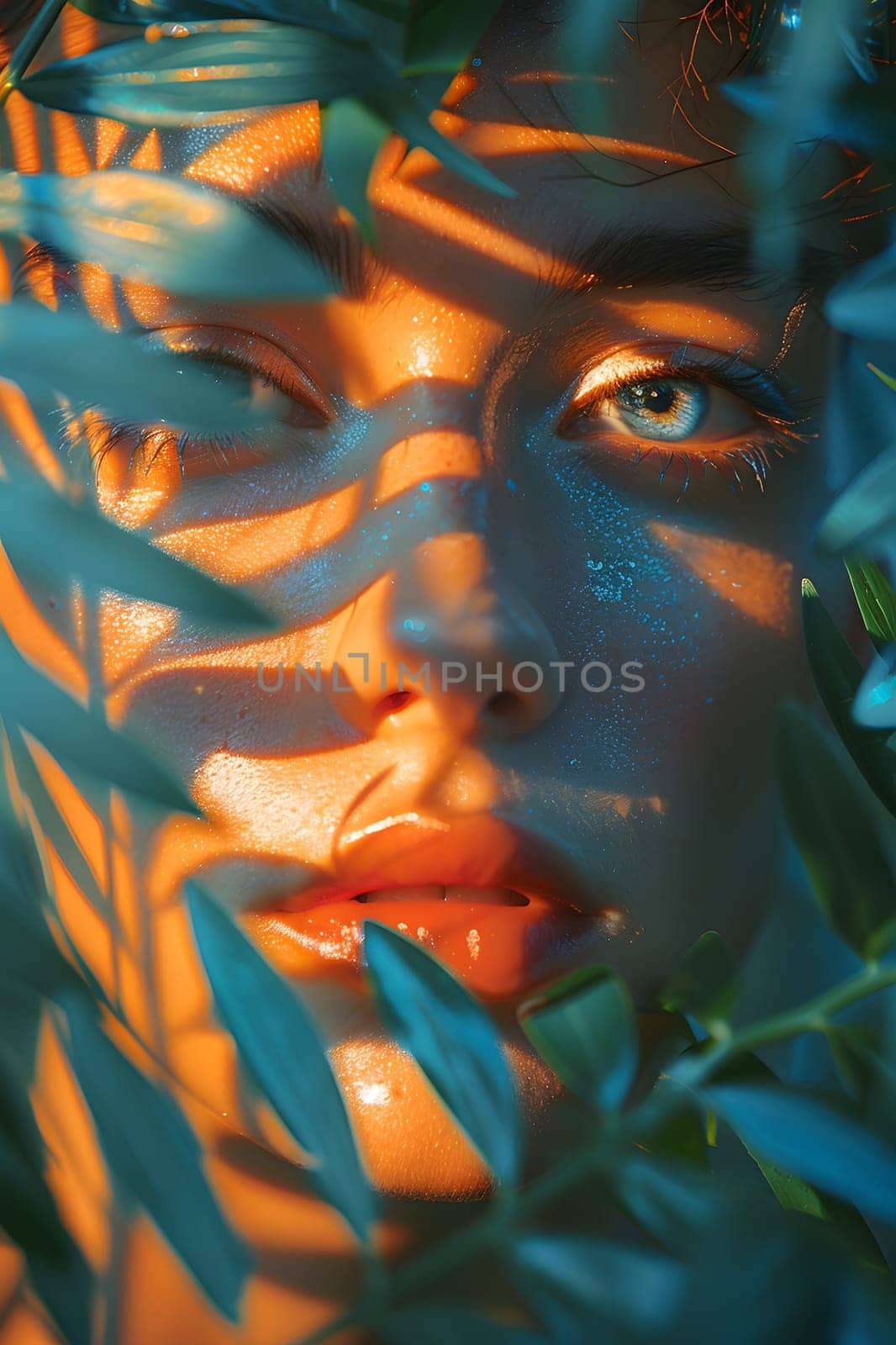 Macro photography capturing the beauty of a womans face surrounded by leaves. The electric blue eyelashes stand out against the dark metal pattern, creating a mesmerizing visual arts composition
