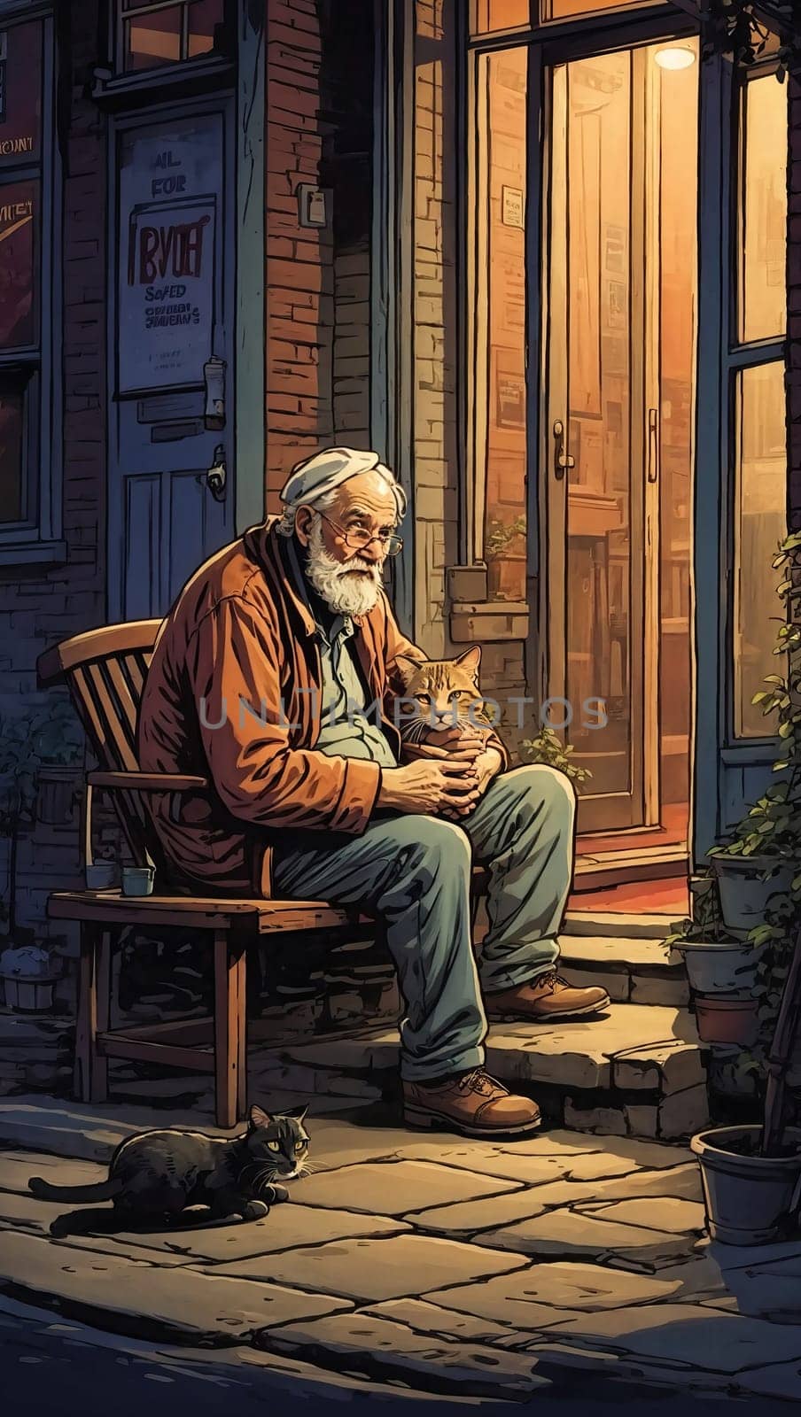 Old man sitting on the porch of a house with a cat. AI generated