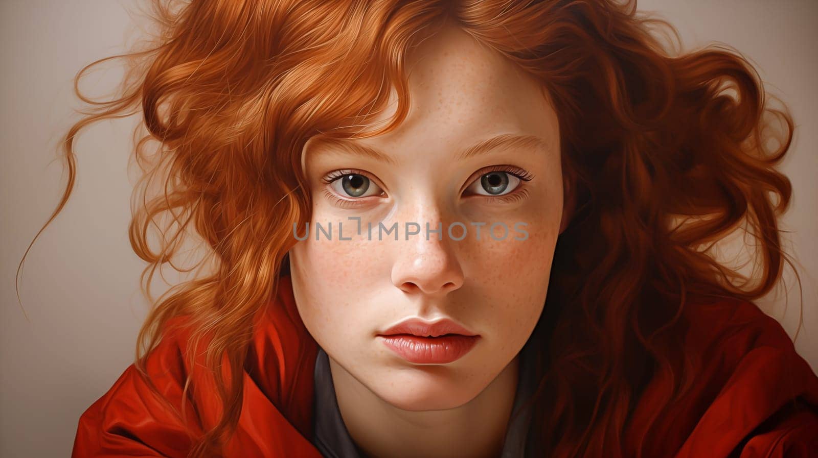 Oil Painting Of A Young Beautiful Girl With Red Ginger Curling Hair And Gray Blue Eyes, Freckles Closeup. Generative AI illustration Natural Beauty Of Woman. Horizontal High quality