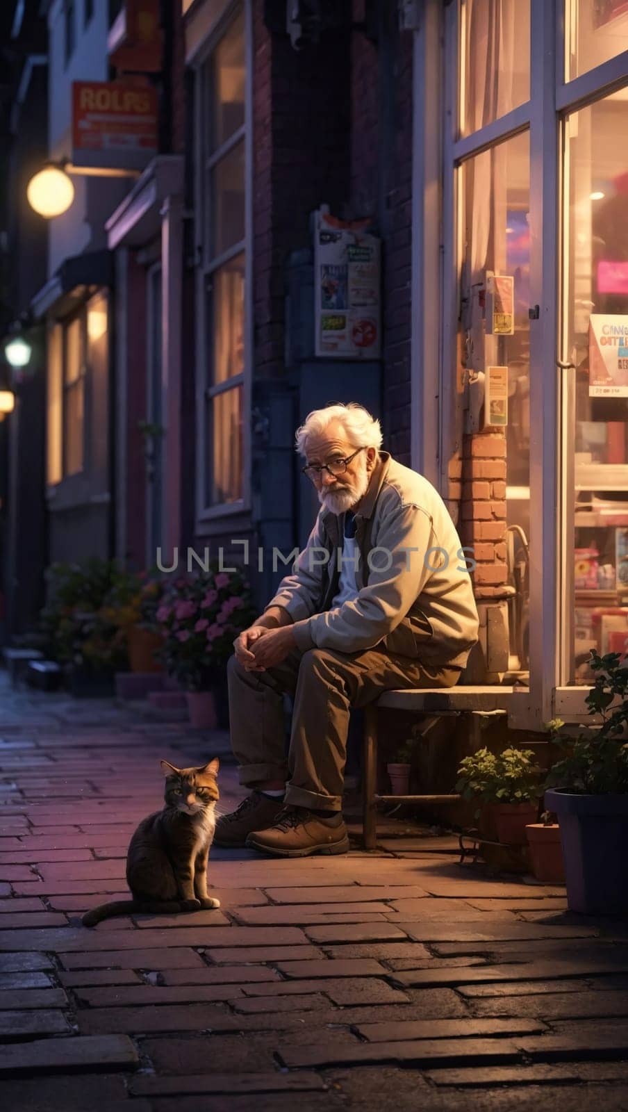 Old man sitting on the porch of a house with a cat by applesstock