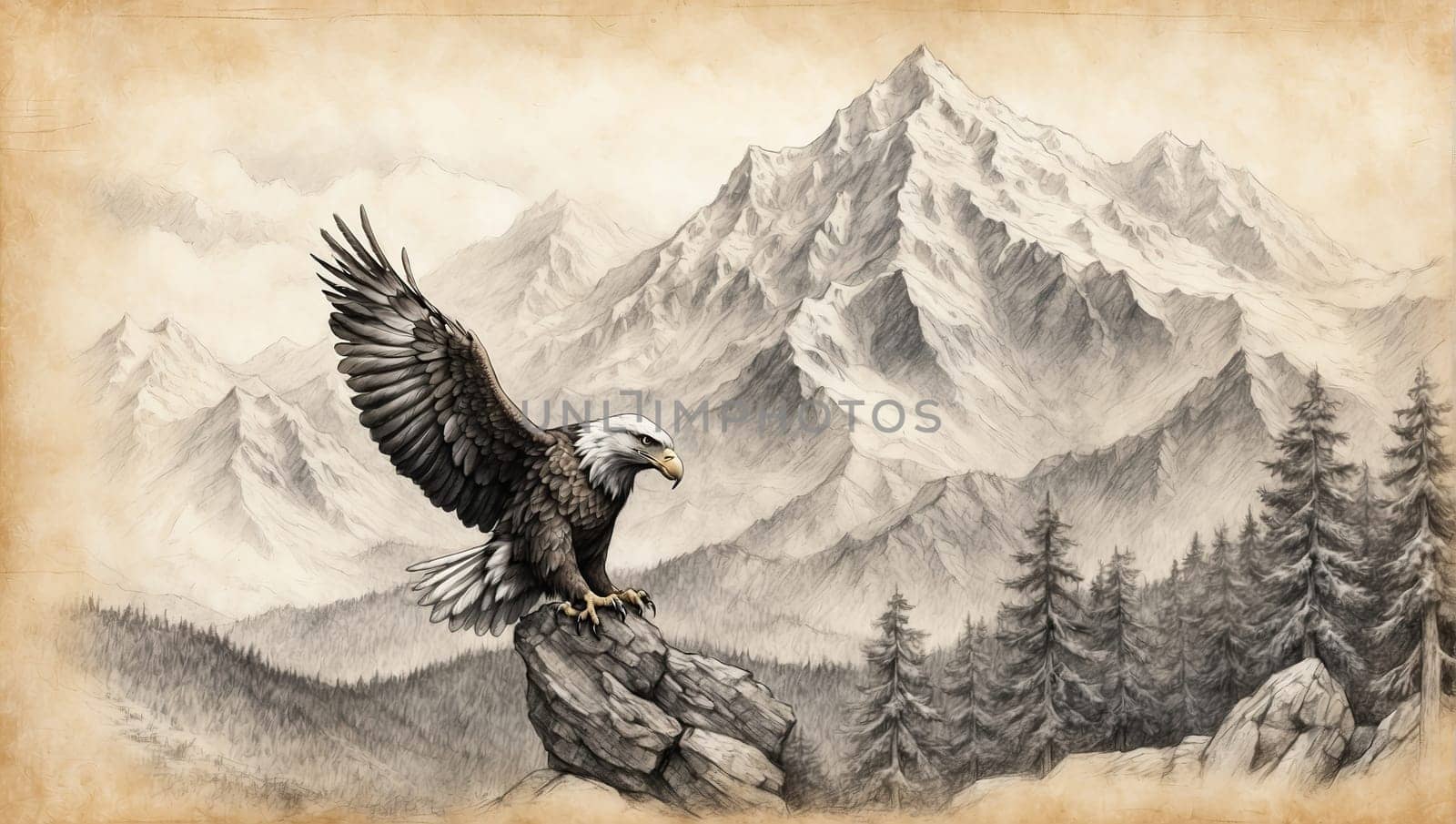 Eagle sits on a rock in the mountains by applesstock