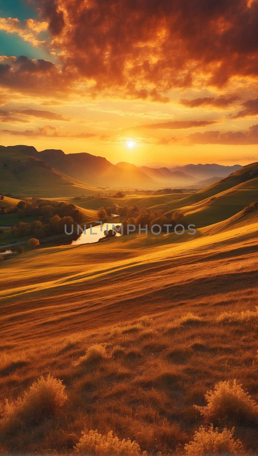 Sunrise over a meadow with wonderful flowers. AI generated